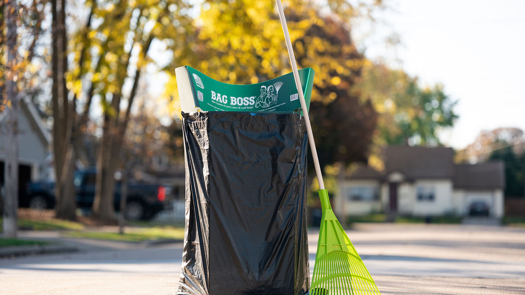 bag boss outside in fall foliage with Rake